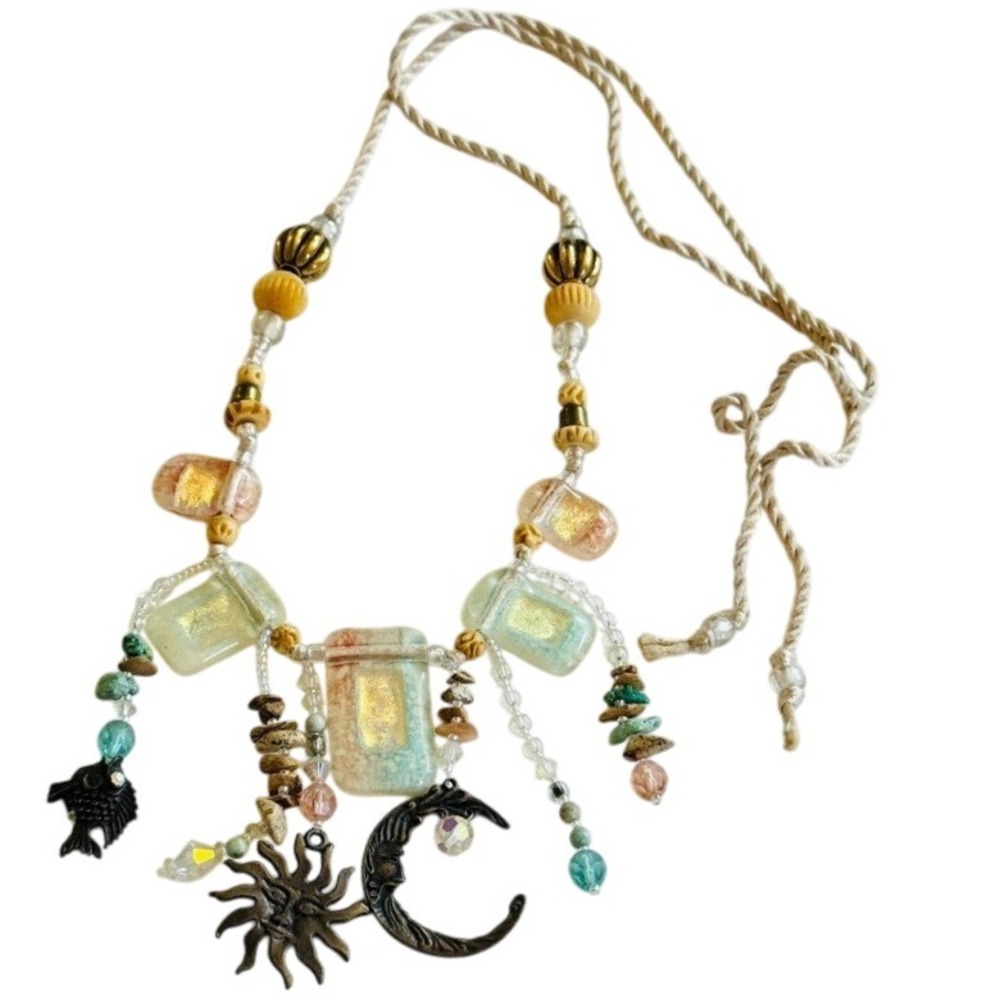 Vtg‎ Dichroic Art Glass Necklace Beaded Sun Moon Charm dangle Flashy 80s 22" L